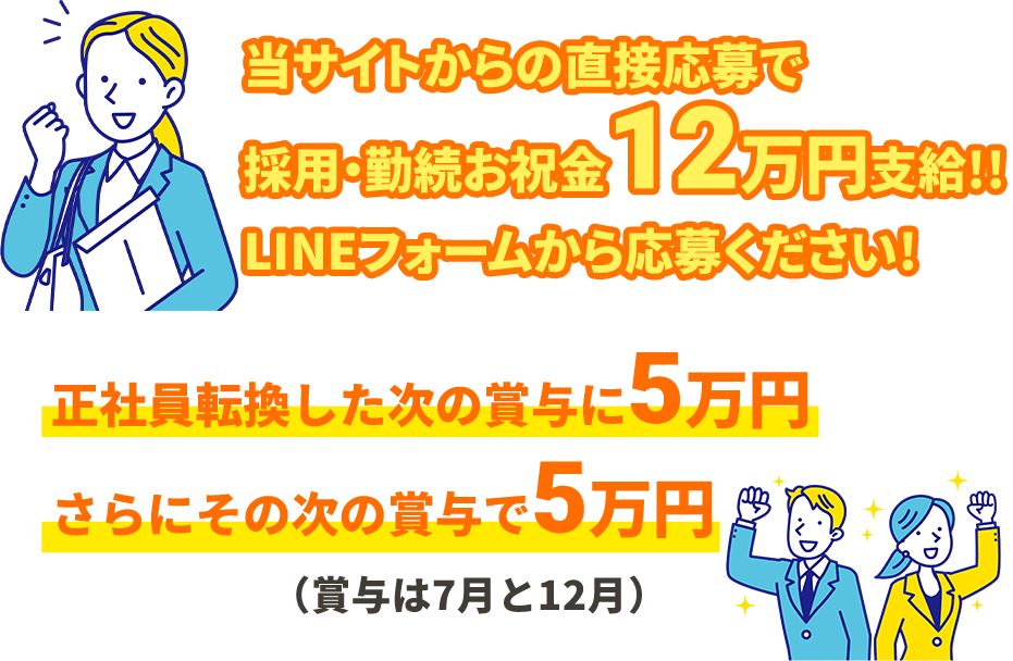 当サイトからの直接応募で採用・勤続お祝金12万円支給!!LINEフォームから応募ください!